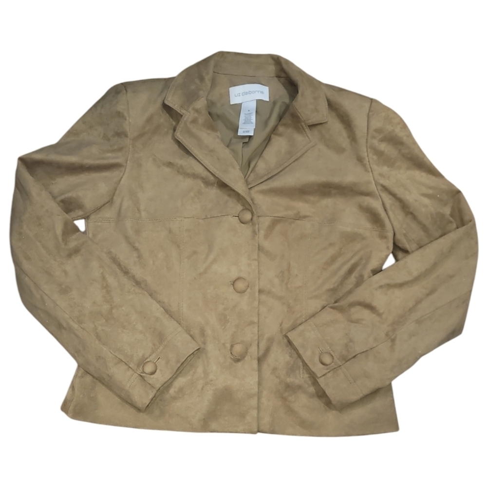 Liz Claiborne faux suede jacket suit blazer beige tan 8 office workwear - Picture 2 of 7
